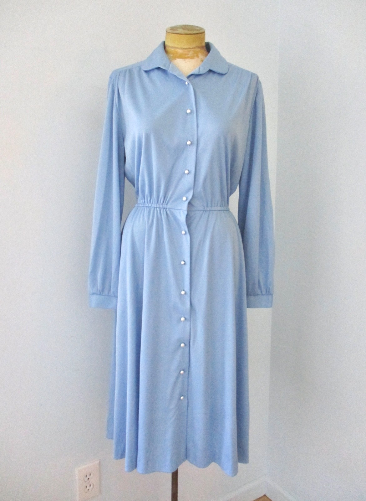 Vtg 70s Sears Cornflower Blue Poly Knit Disco Secretary Dress Hand Pockets 16