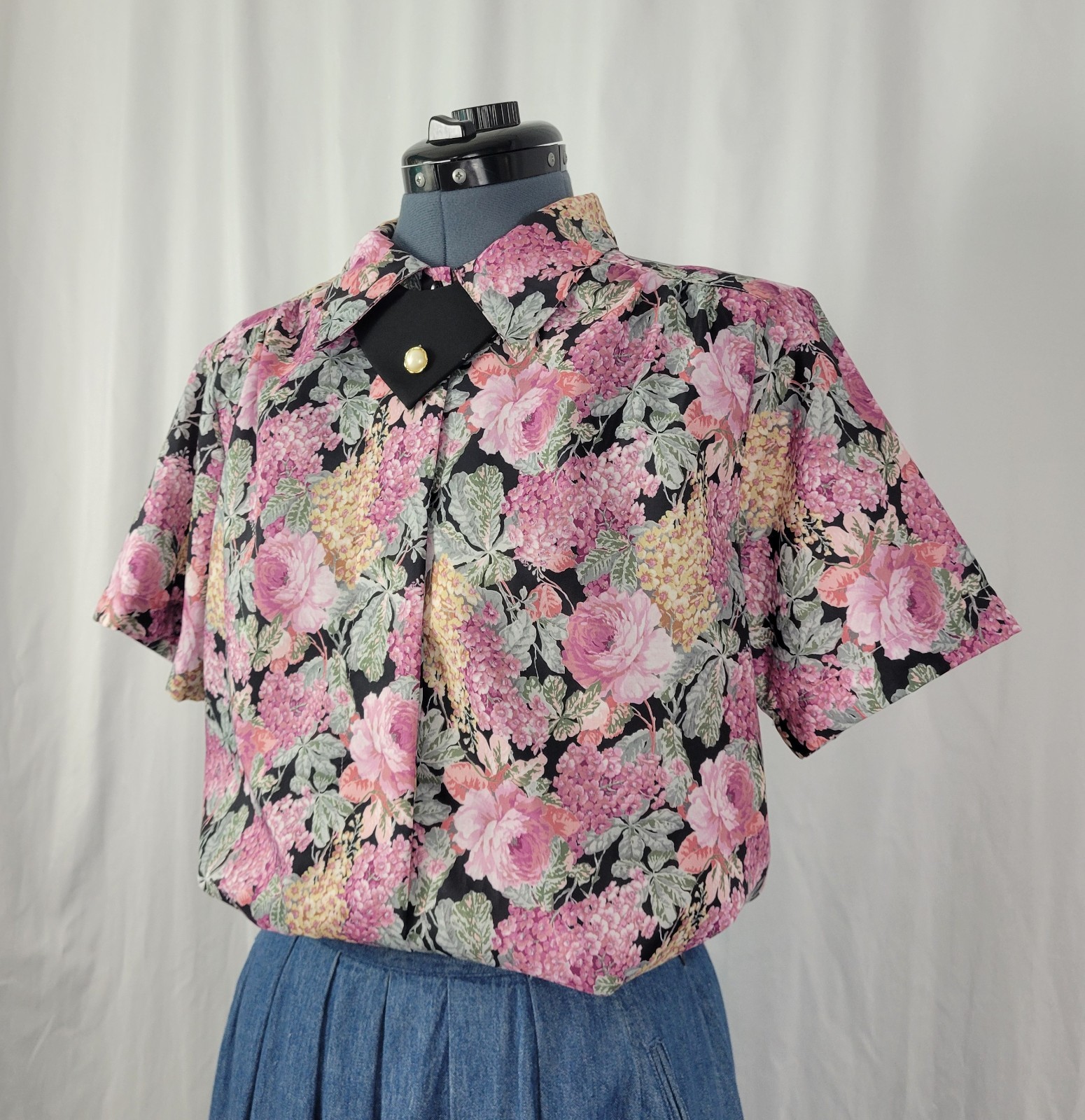 Vintage Copy Cats Black & Pink Floral S/S Blouse w Accent Collar Size 12