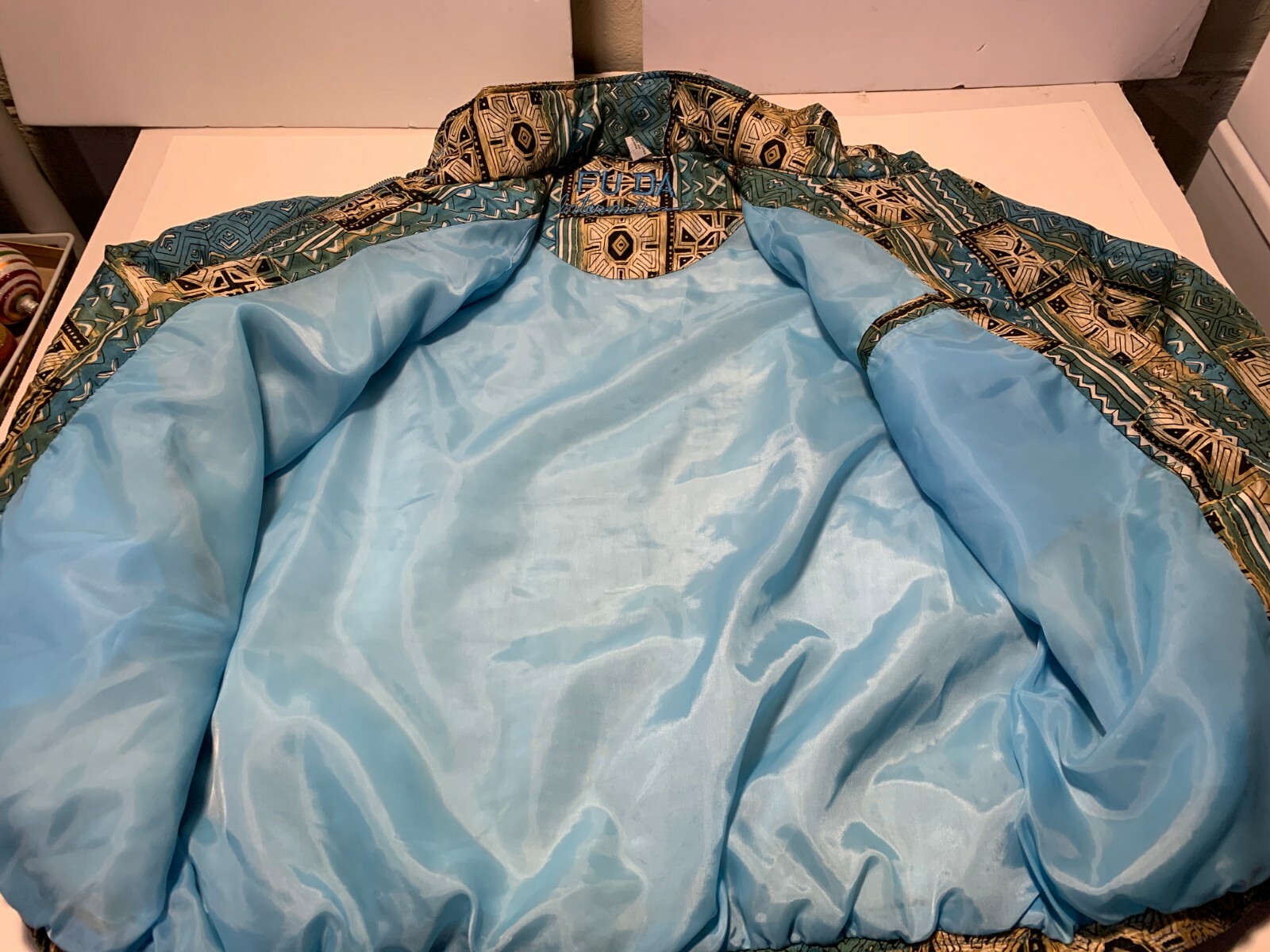 Vtg FUDA INTERNATIONAL Silk Bomber Jacket Womens Sz M BLUES GREEN BROWNS EUC