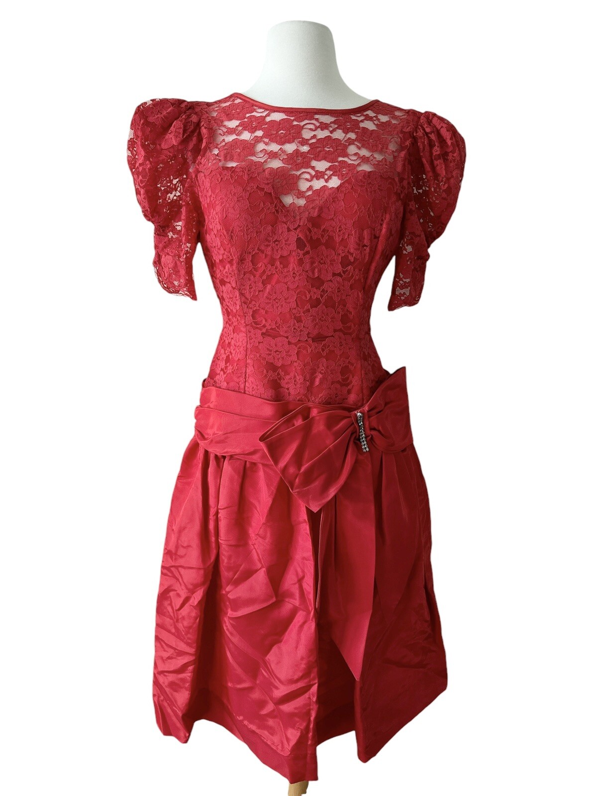 Vintage 80’s Red Lace Prom Dress Lydia Beetlejuice Size M Bow Rhinestone