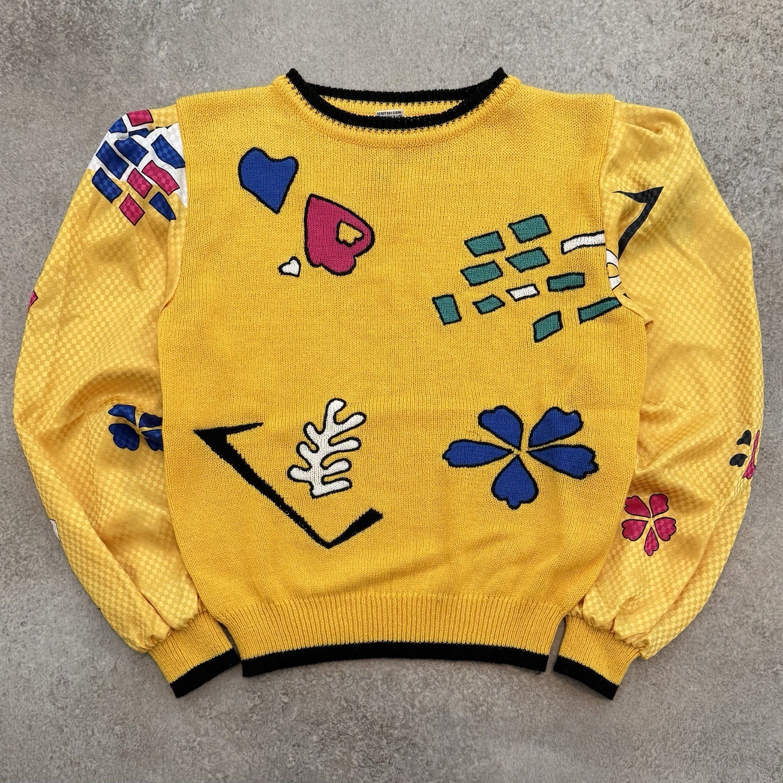 Vintage 80s Jaymee Papell Geometric Sweater Medium Yellow Funky Art Teacher 1980