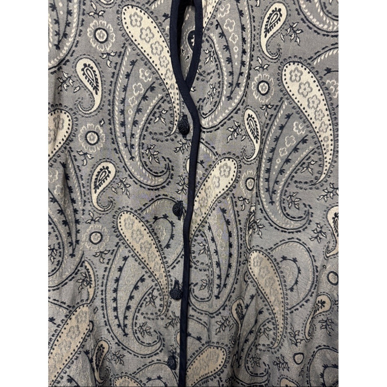 VTG Paisley Olive Green Button Front Shirt Jacket XL Black Trim Boho Gallerycore