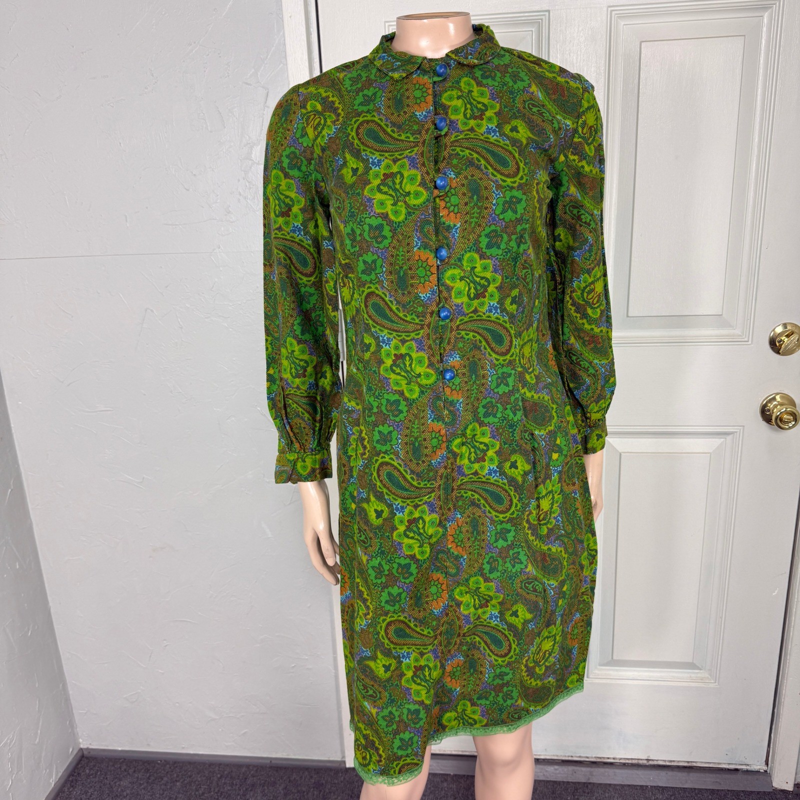 Vintage 60s 70s Handmade Cotton Shift Dress Mod Paisley Floral Retro Button JJ4