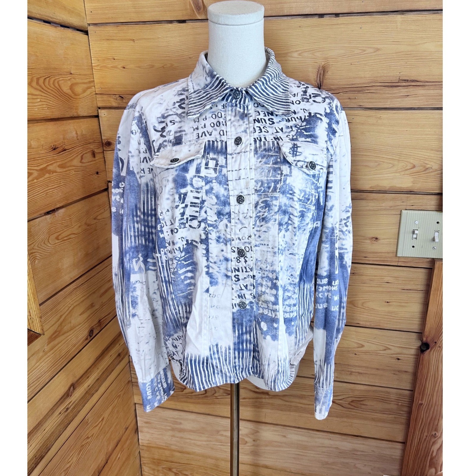 Vintage Newspaper Print Jacket Womens Large Blue White Avant Garde Jillian Tracy