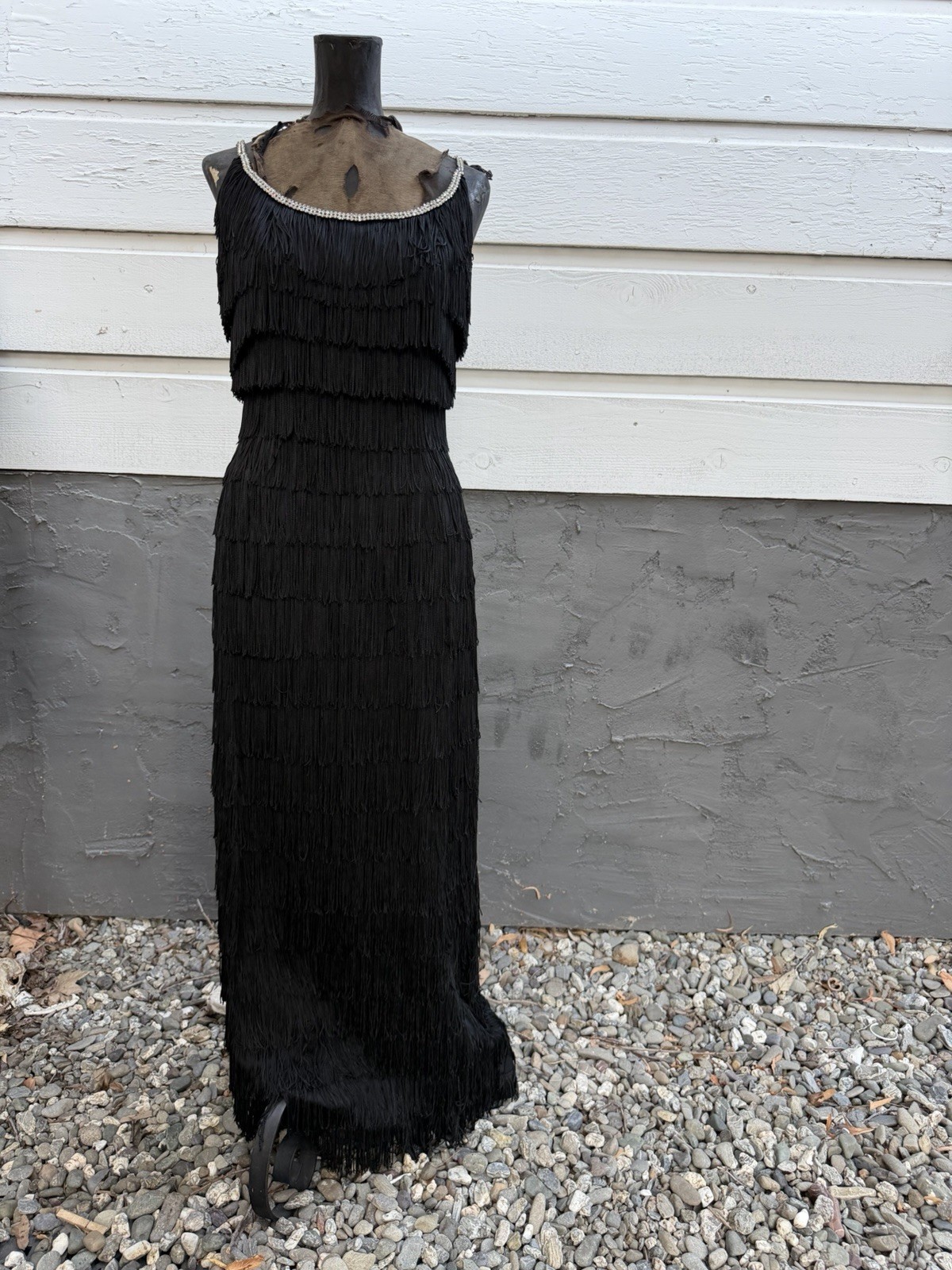 Vintage 50s/60s Does 20s Black Fringe Flapper Gown Hollywood Glam Rhinestone