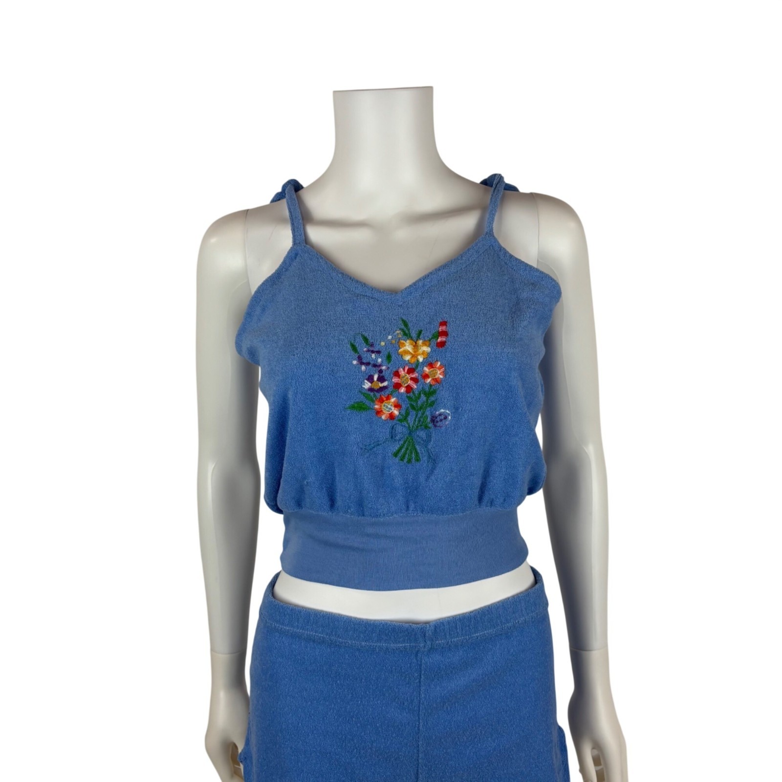 Vintage 80s Terry Cloth Set Womens L Blue Flower Embroidery Two Piece Summer