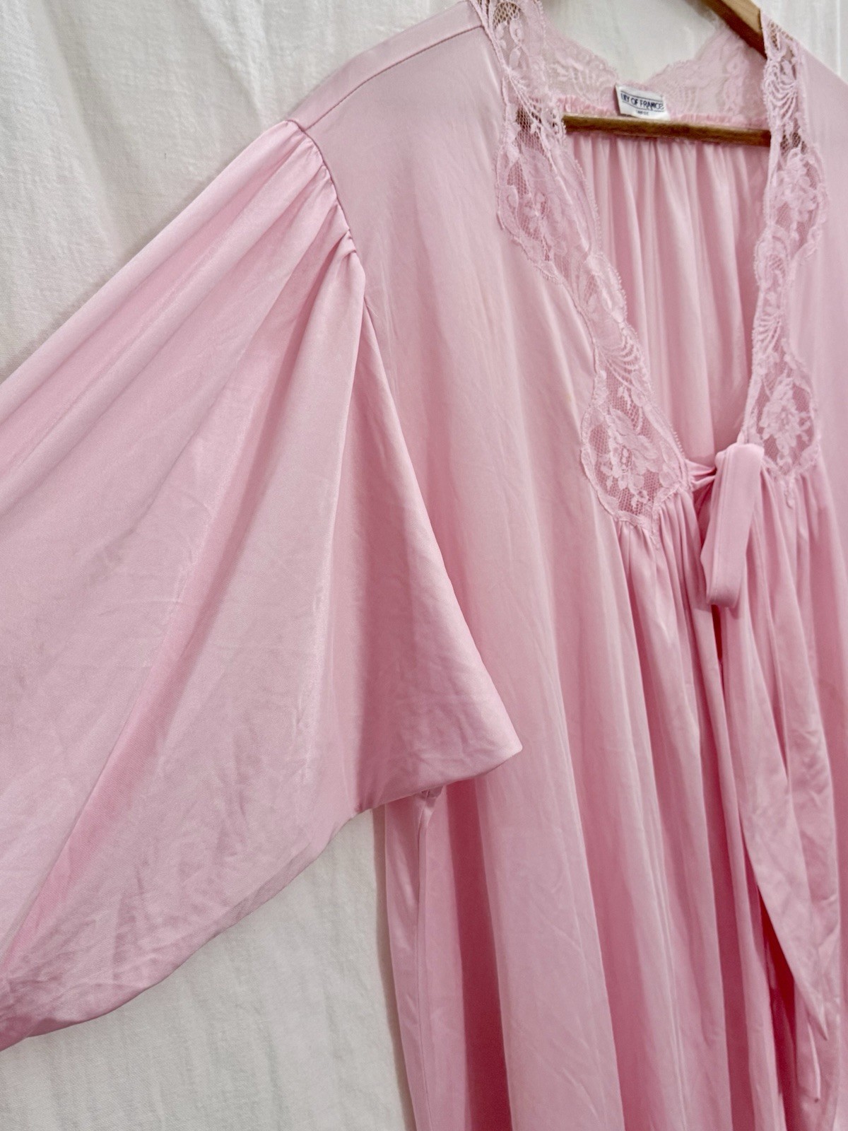 VTG 70s Lily of France Rose Pink Peignoir Robe Lace Dolman Sleeve L Lingerie EUC