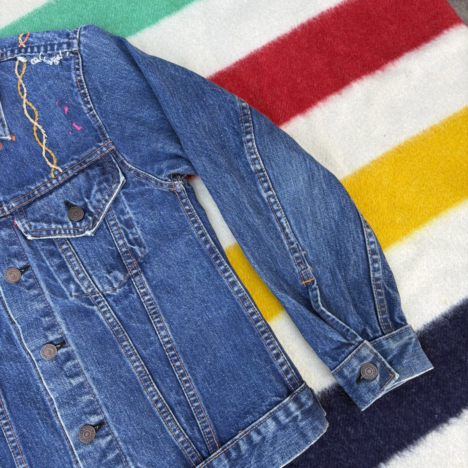 Vintage 1970s Levi’s Big E Denim Trucker Jacket Type 3 Embroidered Hippie Biker