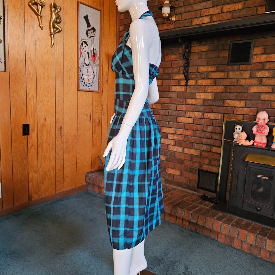 Vtg 1950s Shelf Bust Halter Windowpane Plaid Rockabilly Sundress Day Dress XS/S