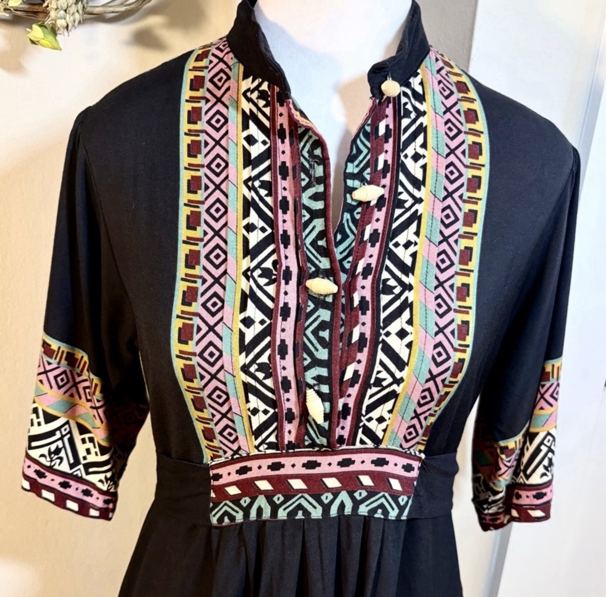 💥Vintage Ragtime Boho Midi Dress Pintuck Bodice Bodice Sz S💛