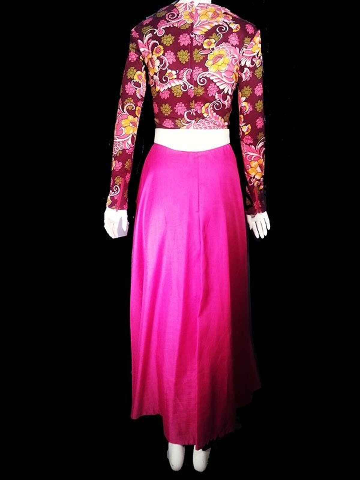 Vintage 70s boho mod floral maxi hot pink skirt boho gown party hostess dress xs
