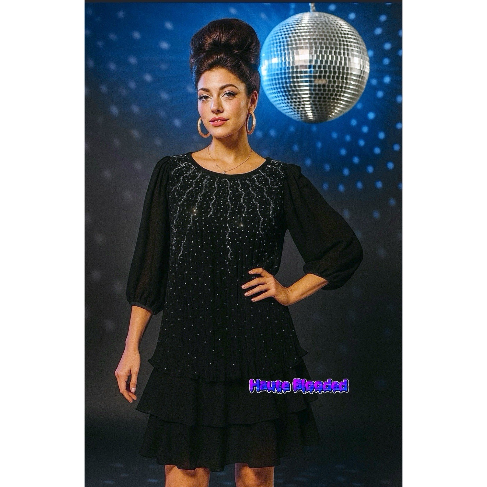 Good Times Dress Vintage 70s Black Glam Avant Garde Fairy Flamenco Disco Glitter