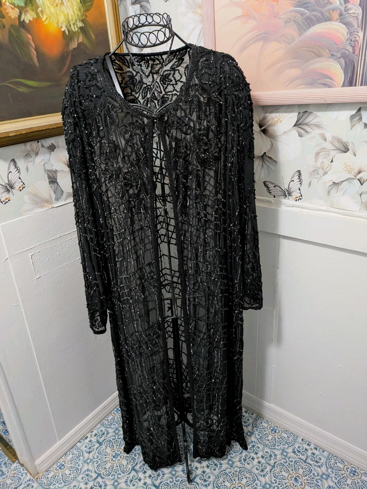 Vintage Ladies Plus Size 3X 4X Black Sequin Beaded Long Duster Silk Jacket