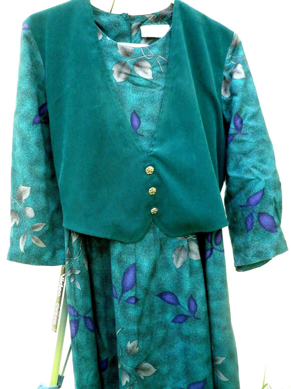 VTG 90S MISS DORBY P M GREEN GRAY PURPLE LEAF PLEAT SECRETARY VEST TEACHER DRESS
