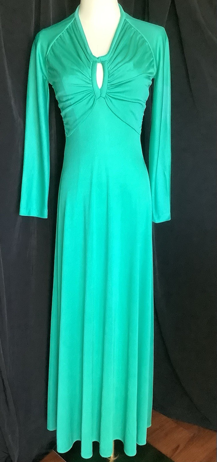Vintage Maxi Hostess Gown 1960s 1970’s S Polyester Turquoise Teal Green Cut Out