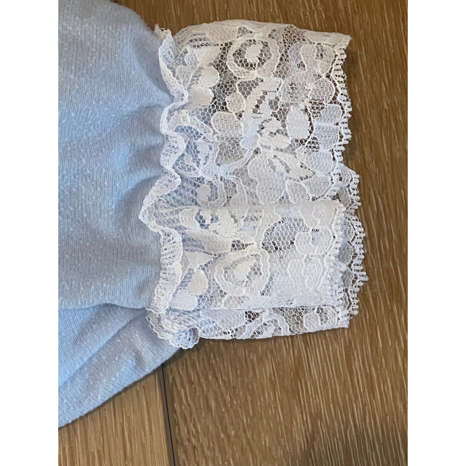 Vintage Natalie Creations Blue Nightgown Lace Trim Floral Embroidery Long Sleeve