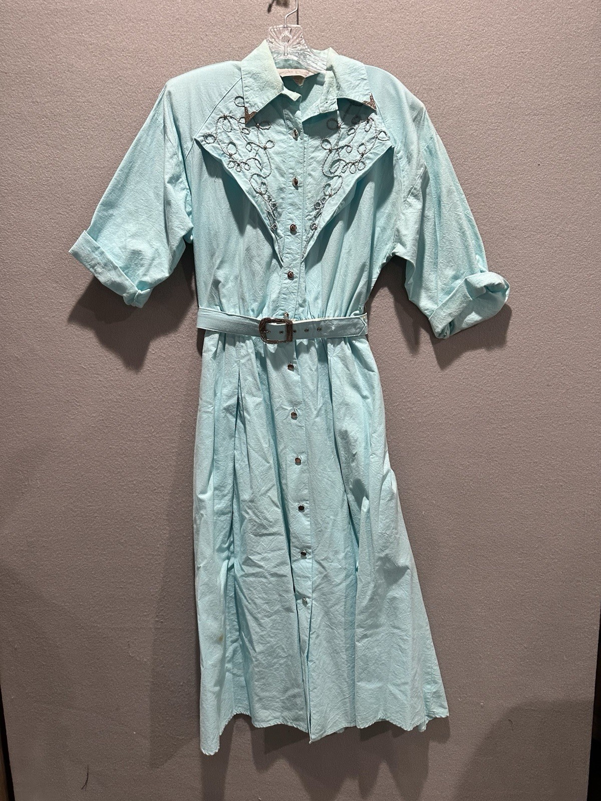 Vintage Western Rodeo Cowgirl Dress Rockabilly Midi Cotton Cosplay Blue Sz 7/8