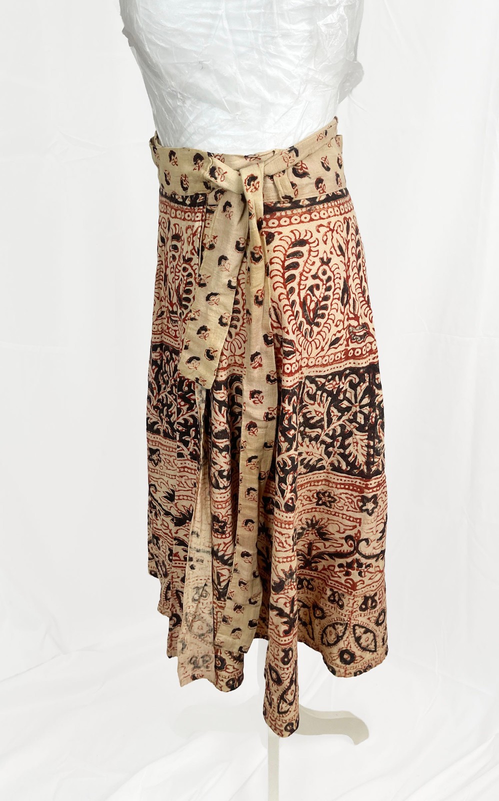 Vintage 70s India Cotton Block Print Wrap Skirt Boho Floral Paisley 35″ Waist