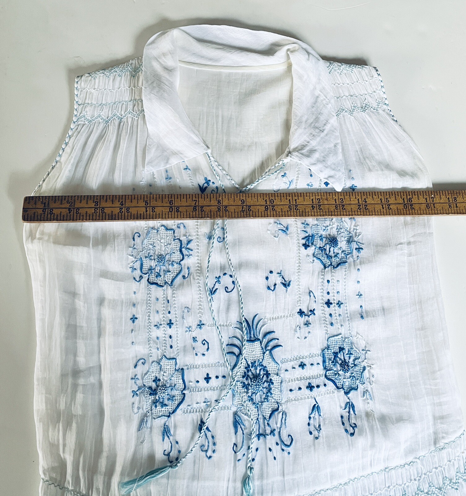Vintage Dress Flapper 1920 White Cotton Voile Blue Embroidered Hungarian Peasant