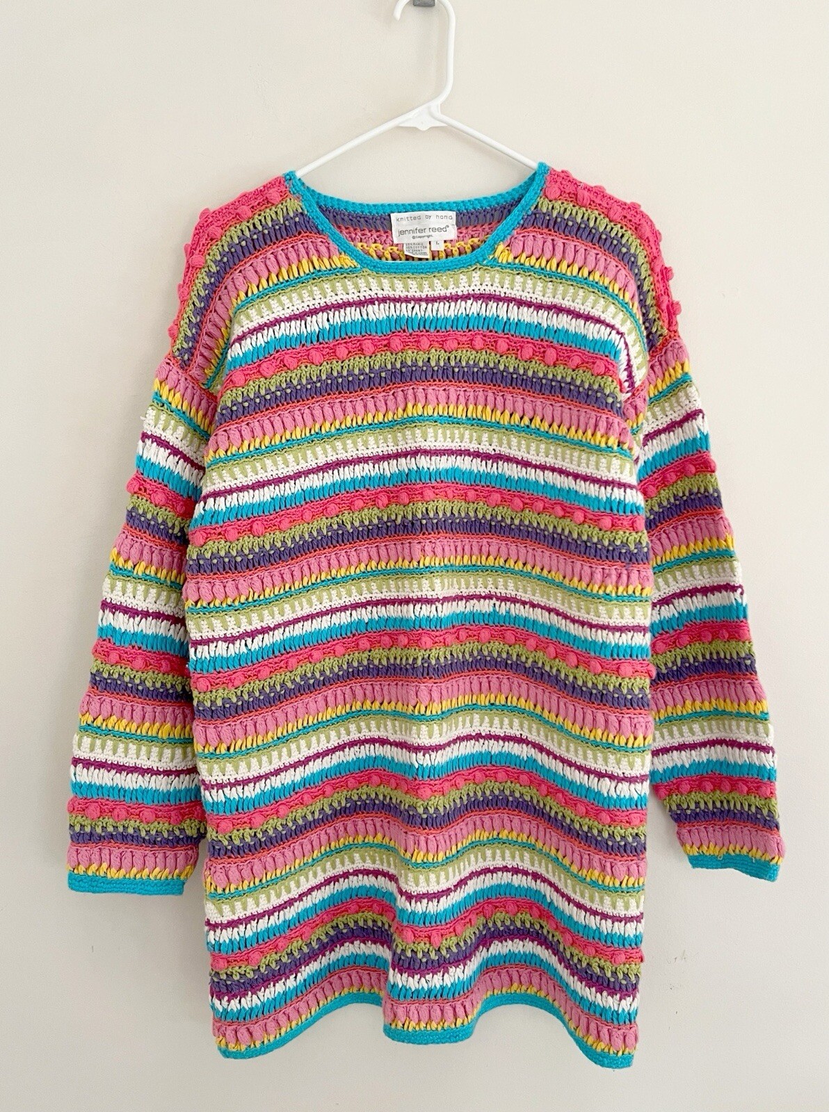 Vintage JENNIFER REED Sweater Sz L Hand-Knit Striped Tunic Colorful Chunky 80s