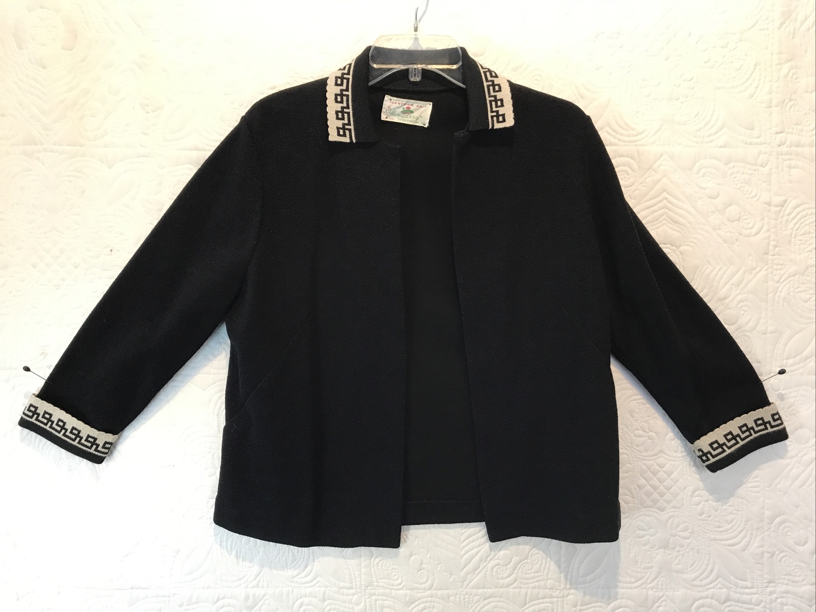 Vintage 1950s/60’s Women’s 2 Pc knit Sweater Skirt set Black White Greek Key