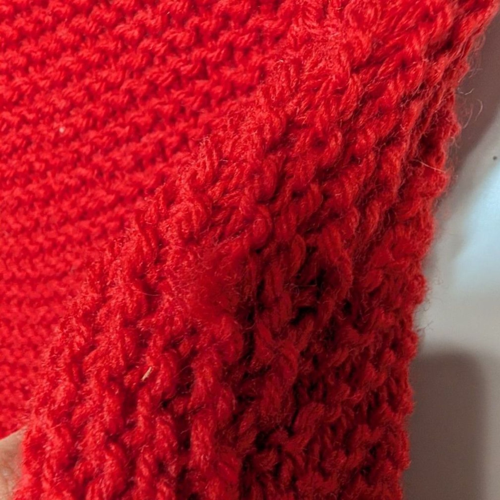 Vintage Handmade Red Tassel Knit Poncho Boho Oversized Fringe Cape Wrap OS