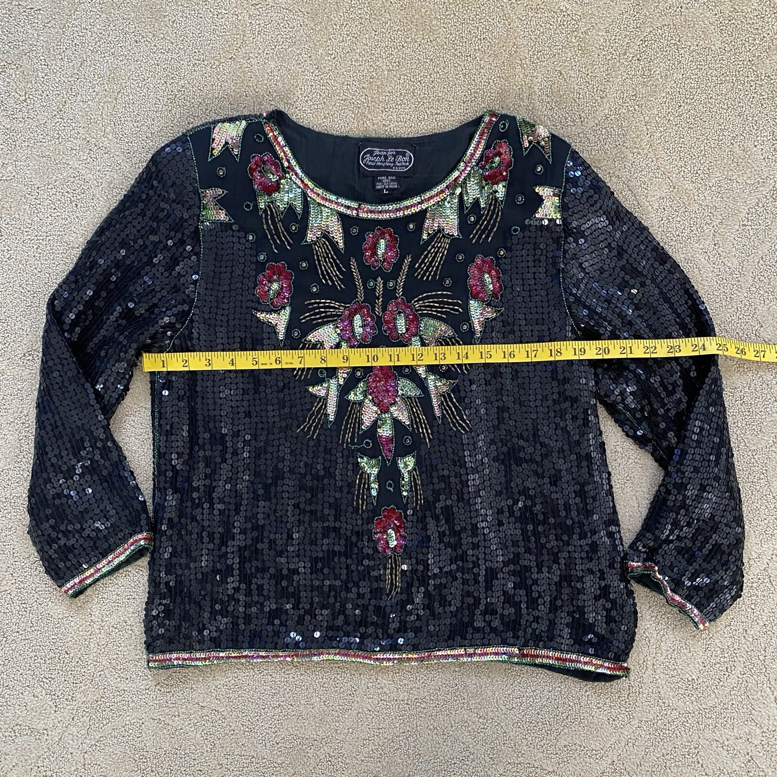 Jean for Joseph Le Bon Silk Floral Sequin Beaded Formal Blouse 1980s Size L
