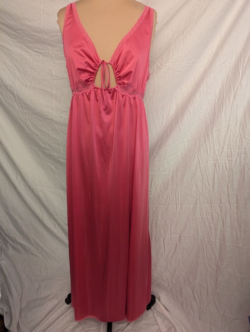 Vtg Miss Elaine Pink Lace Trim Keyhole Maxi Nightgown Slip Dress ILGWU Coquette