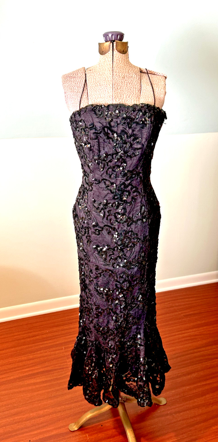 1960s 1970s Incredible Black Sequin Mermaid Gown With Statement Ruffle Bolero