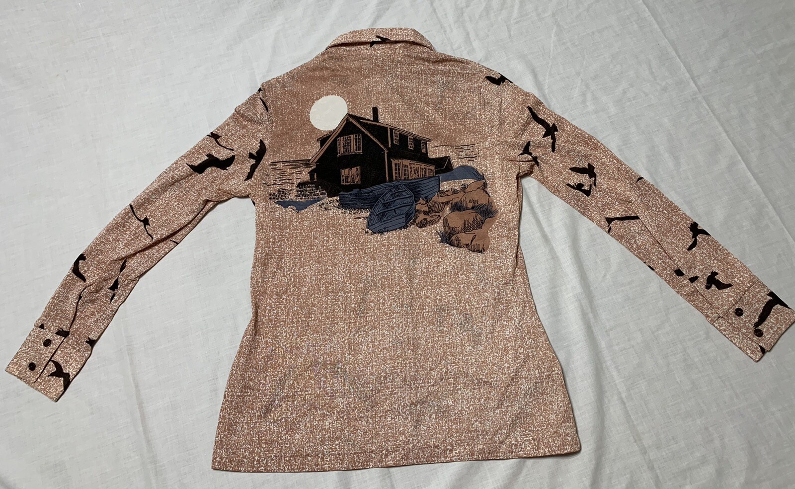 Vintage 'Langtry Ltd’ Wharf Scene 1970s Ladies Nylon Long Sleeve Shirt sz L