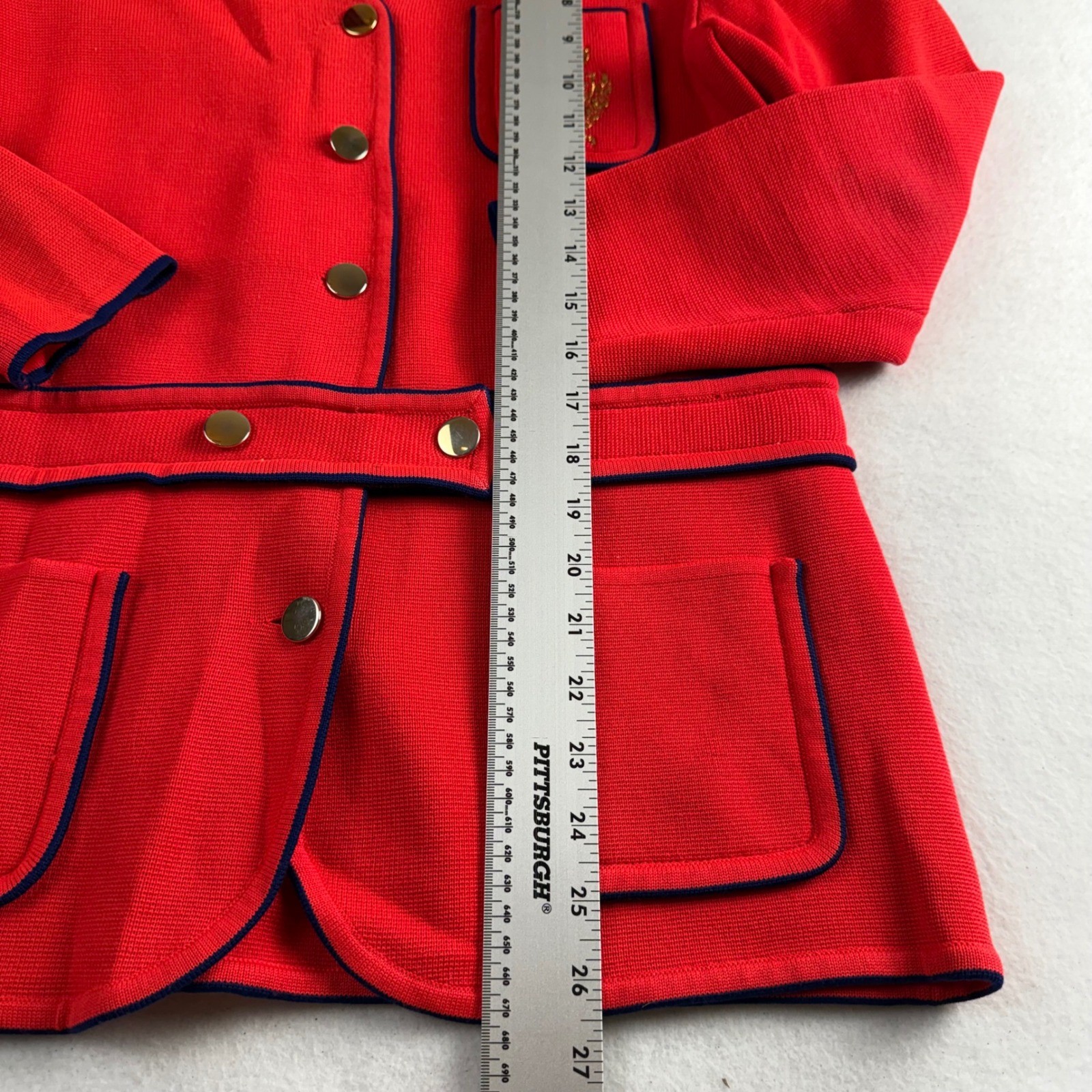 Vintage 60s Carnaby Red Wool Preppy Cardigan Navy Trim Gold Crest Buttons Sz 12