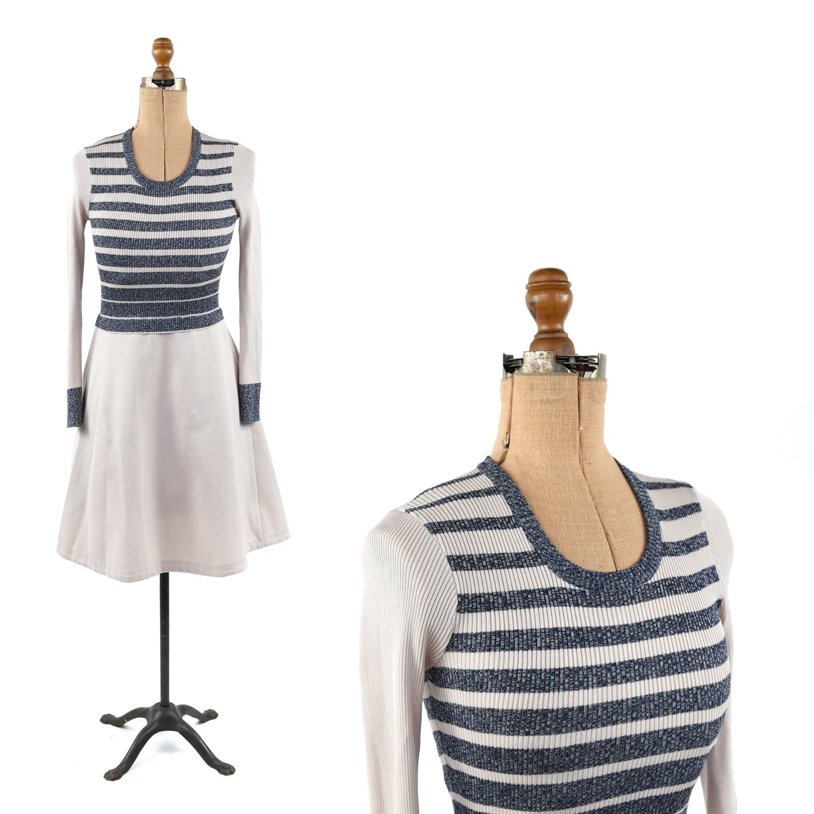 Vintage 70s Aristo Kat Taupe + Blue Space Dye Poly Knit A Line Flare Skirt Dress