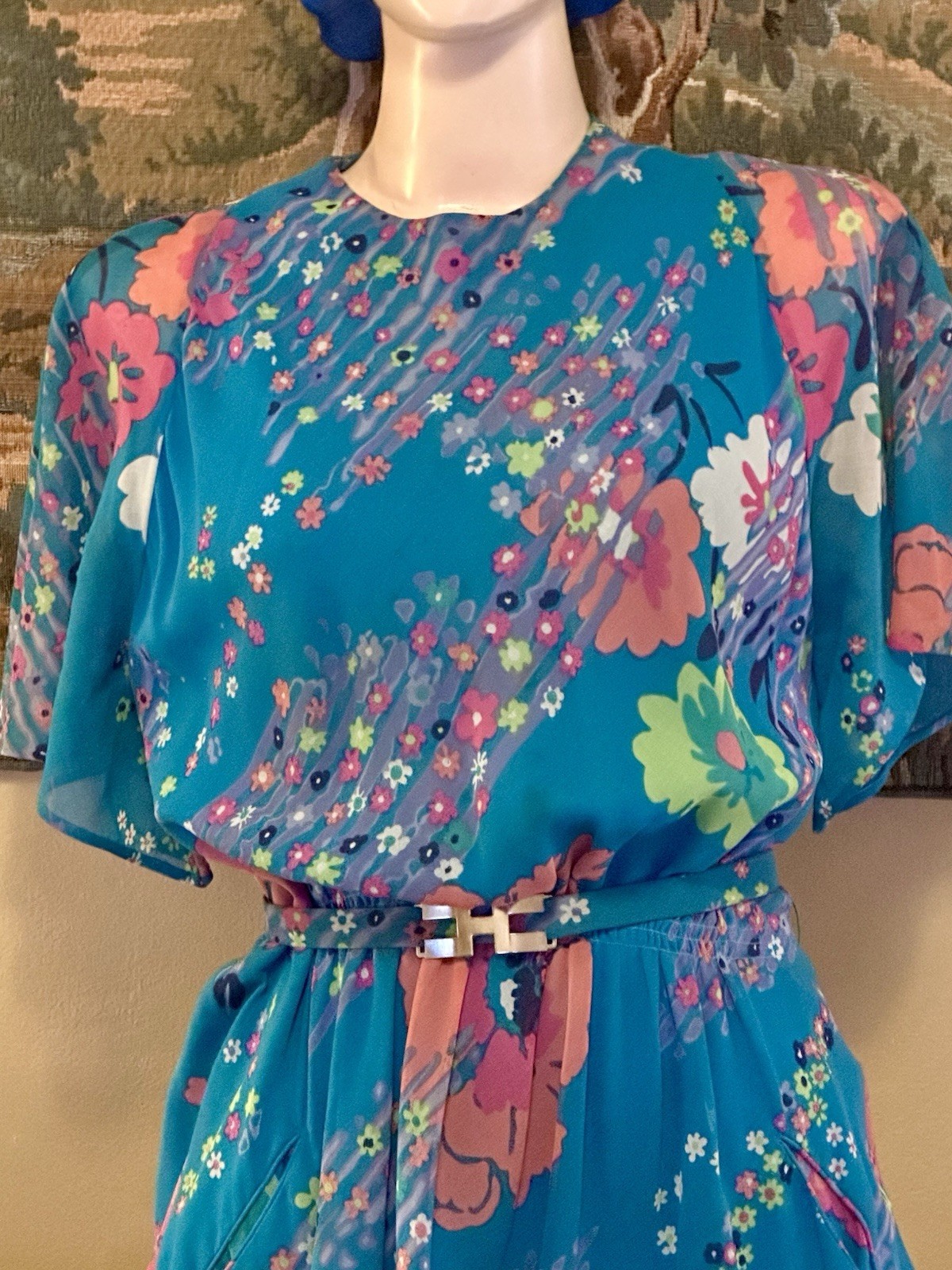 Vintage 70s Pauline Trigere Dress Flowing Flowers 36 Bust 28 Waist Layered
