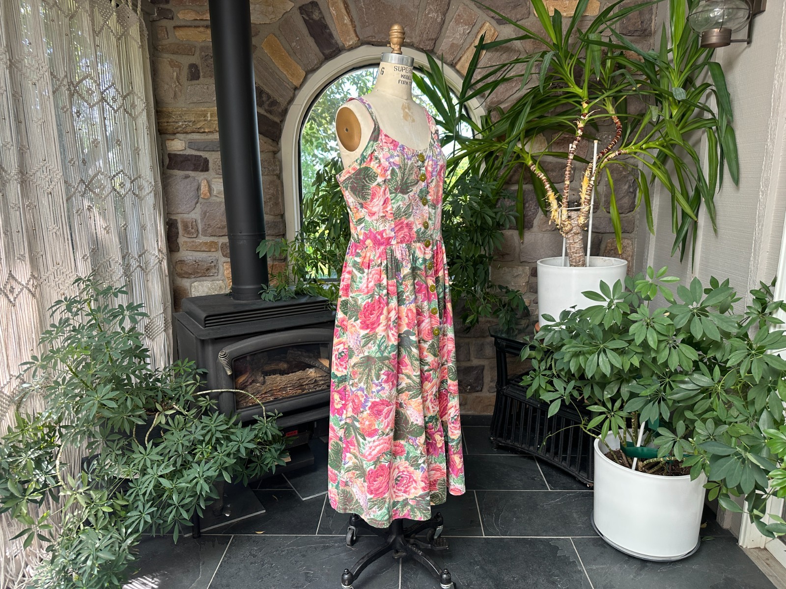Vintage 1990s Starina Floral Button Front Cotton Cottagecore Midi