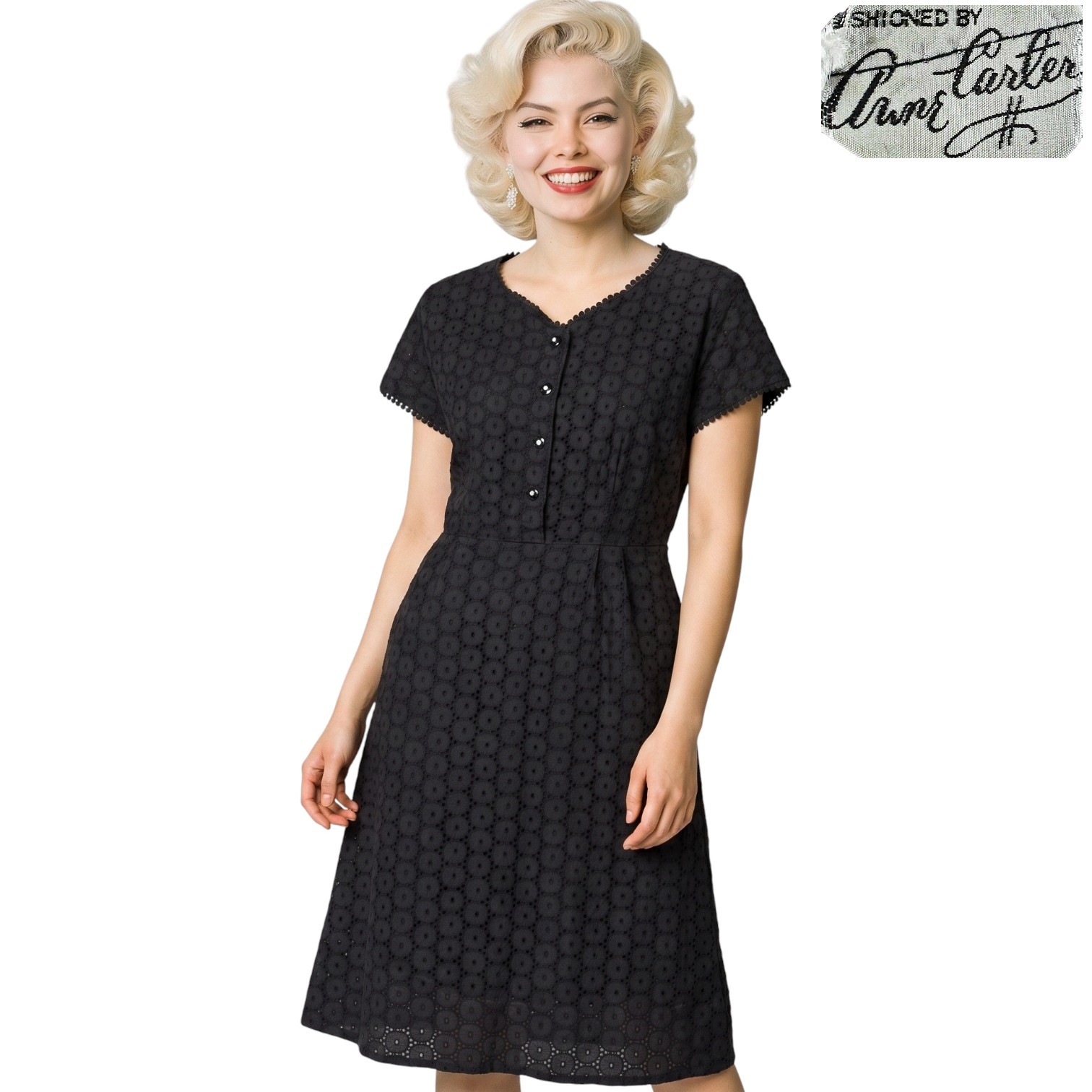 50s Vintage Anne Carter Dress Black Eyelet Lace Rhinestone Buttons Rockabilly 14