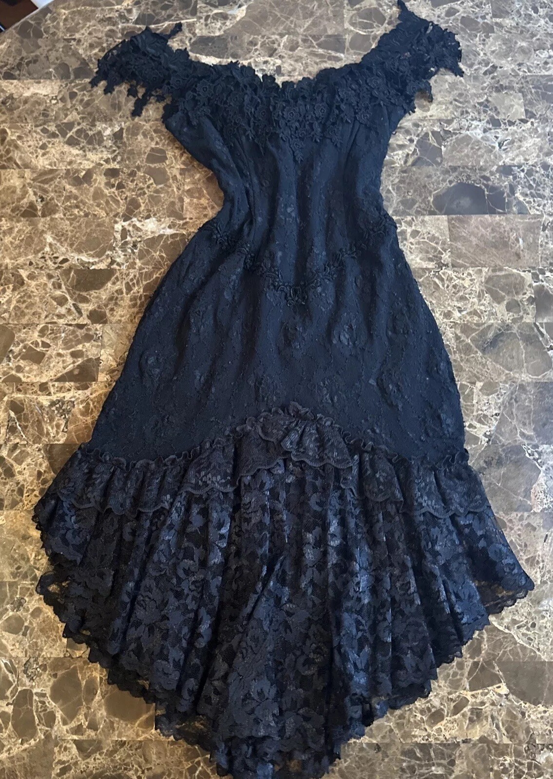 Vtg 80s Florencia Fiume Black Lace Off Shoulder Fringe Handkerchief Dress L