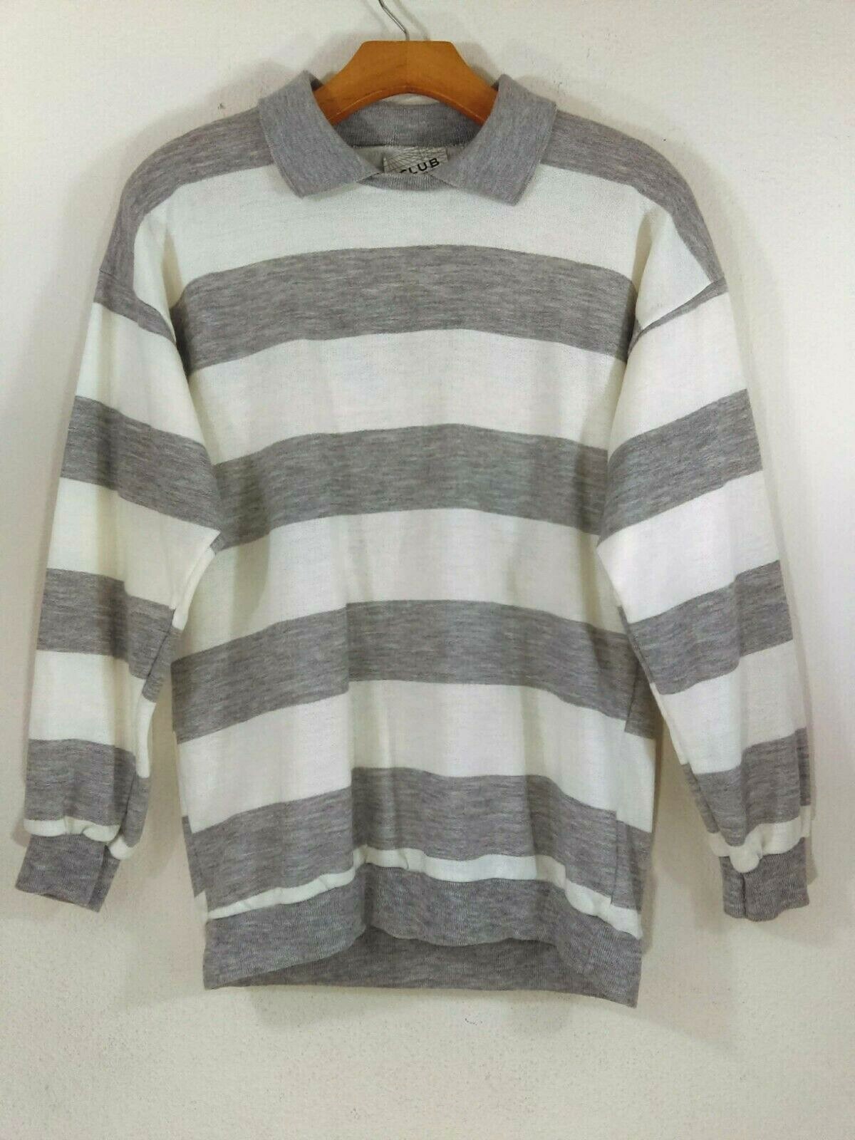 Vintage Club Land 'N Sea Sweater Small Gray & White Stripe Collar Retro Acrylic