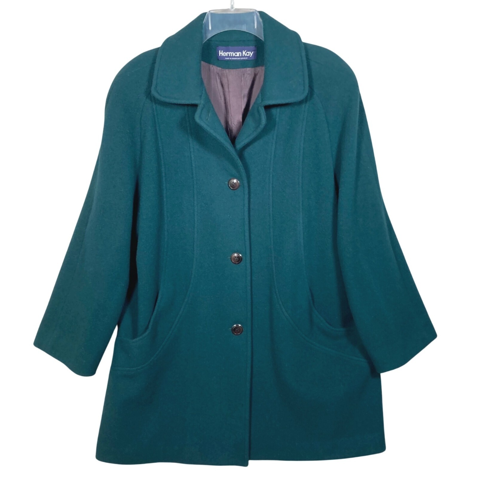 Vintage Herman Kay Womens Dark Green Wool Blend Long Coat Button Pockets Size 16