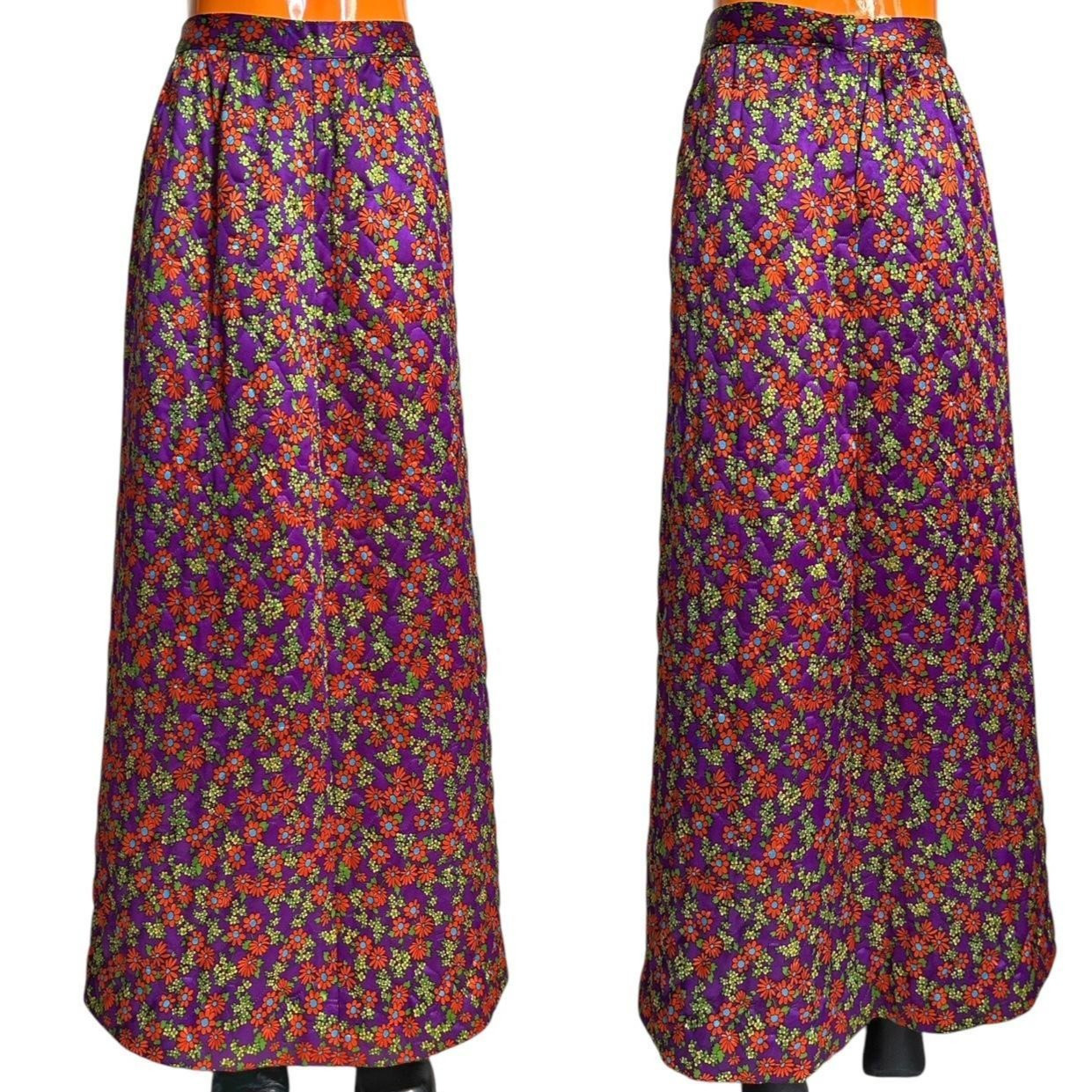 70s vintage quilted daisy maxi skirt hippy boho cottagecore highwaisted a-line.