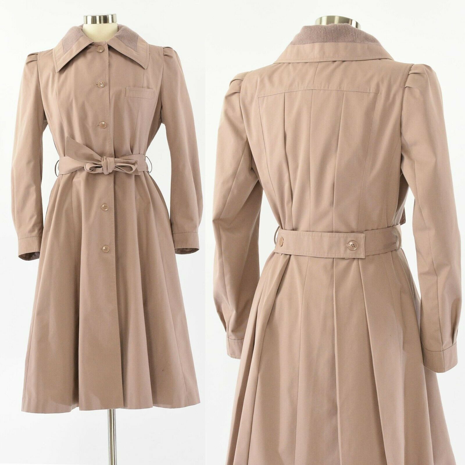 70s Vintage Womens 10 Pale Dusty Mauve Rain Coat Pleated Back Butterfly Collar