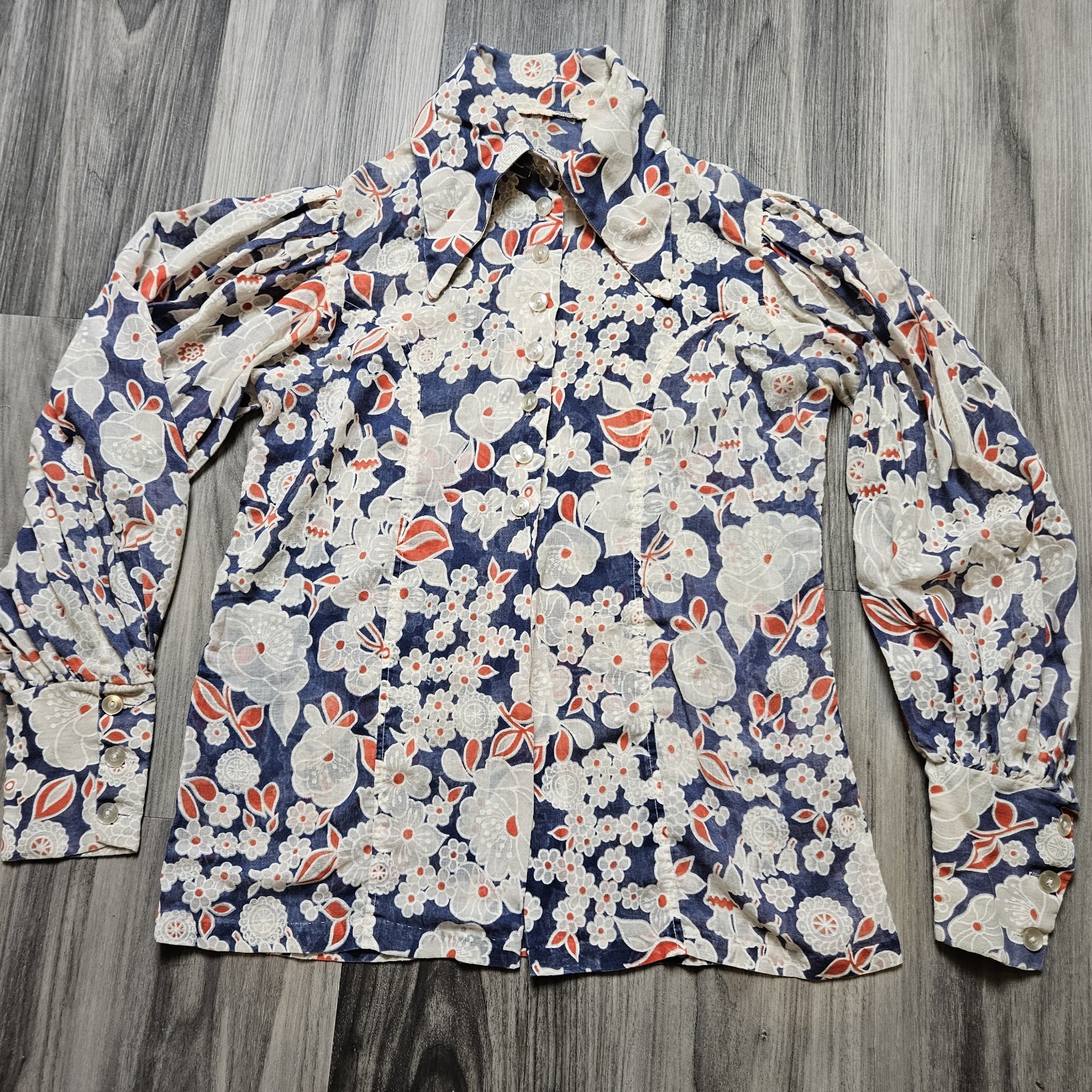 VTG 1960s Hand Made Red White Blue Floral Sheer Button Up Blouse Dagger Collar