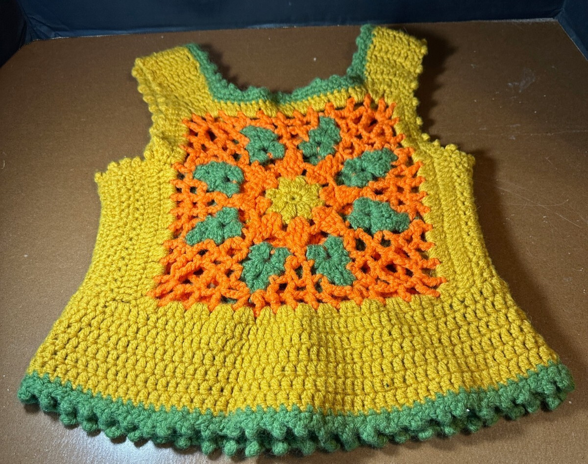 Crochet Vest vintage Handmade Granny Square Green Yellow orange size small?