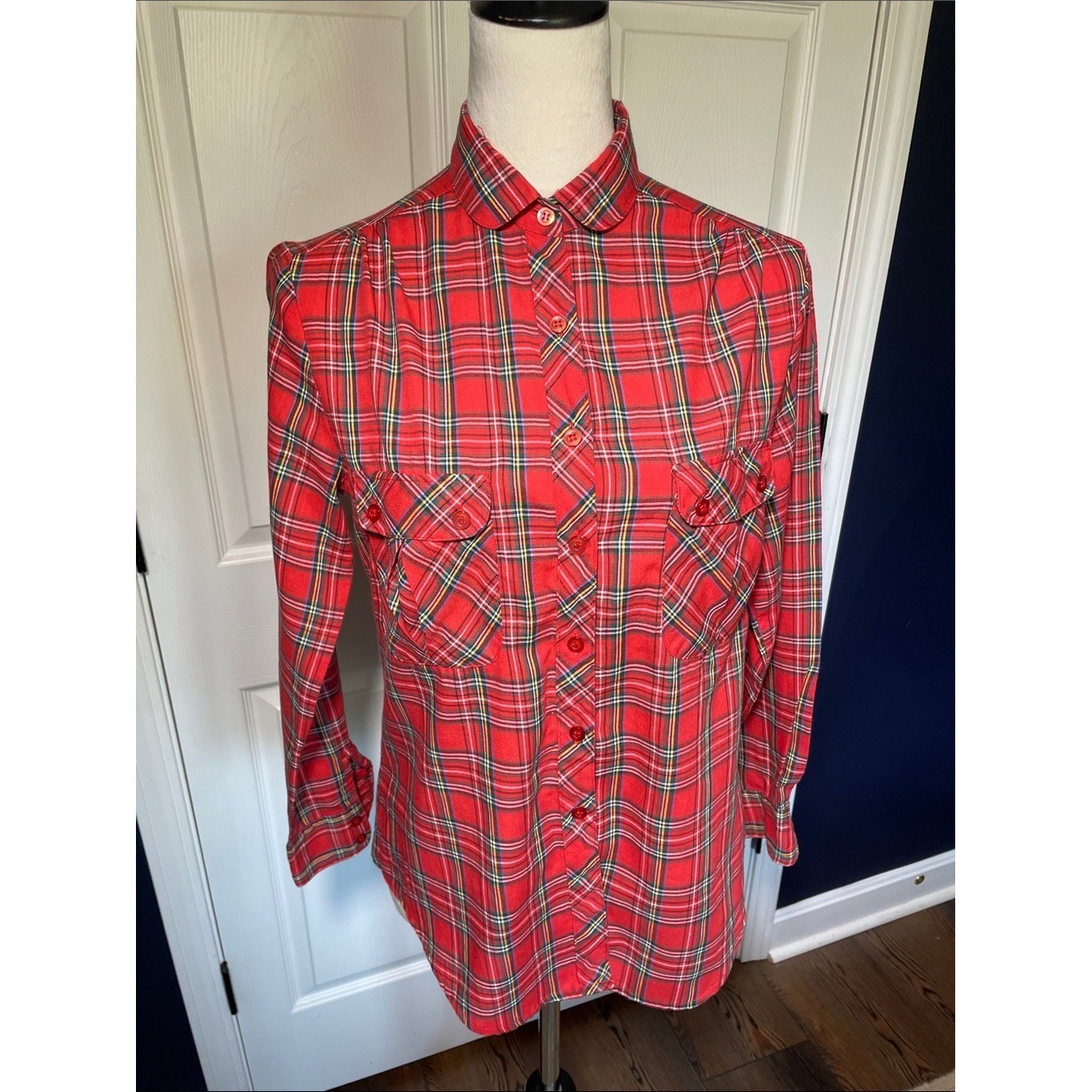 Vintage People’s Republic of China Red Plaid Flannel Shirt Peter Pan Collar M