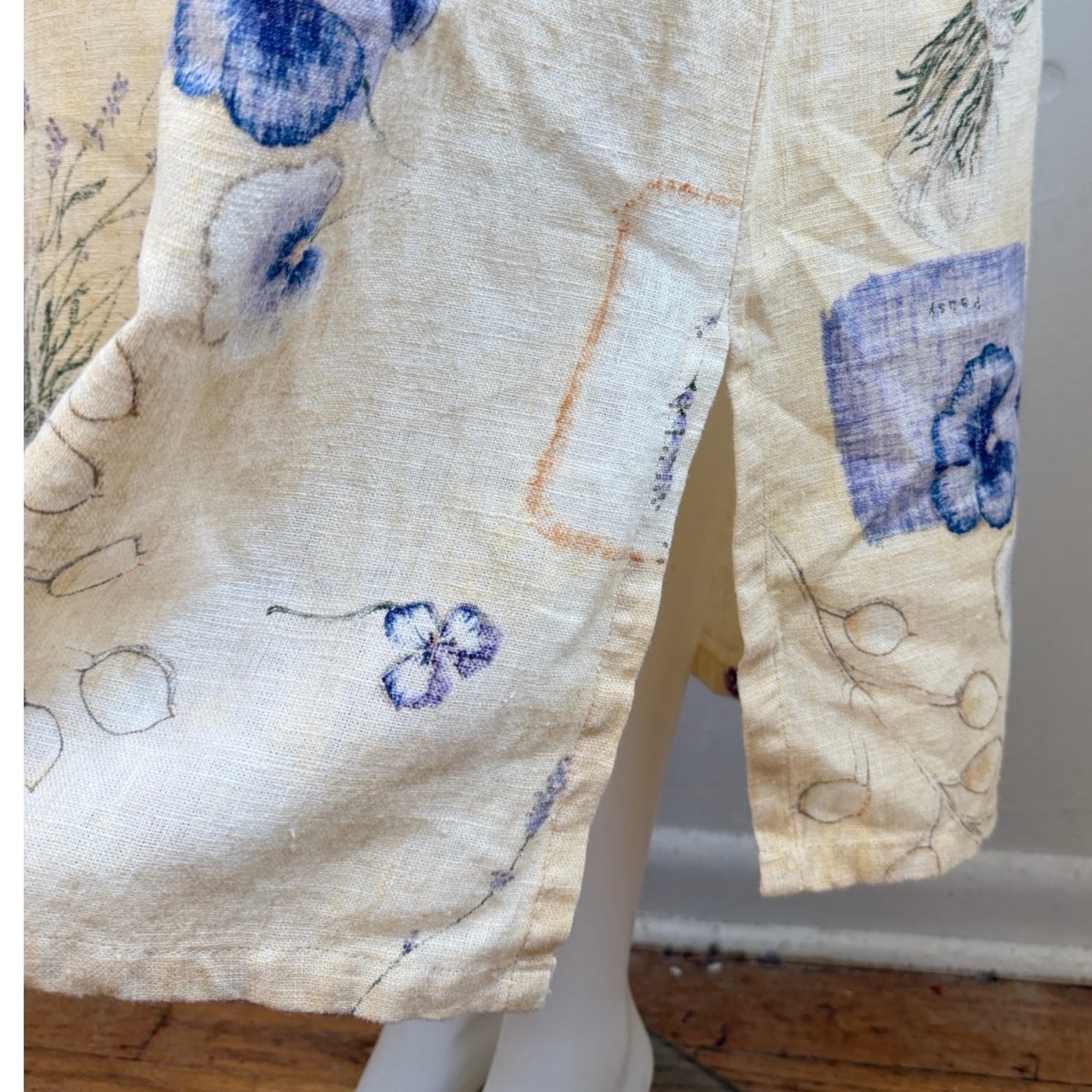 Vintage Pansy/Lavender Floral Print Linen Dress Top Set Size Medium 90s Yellow