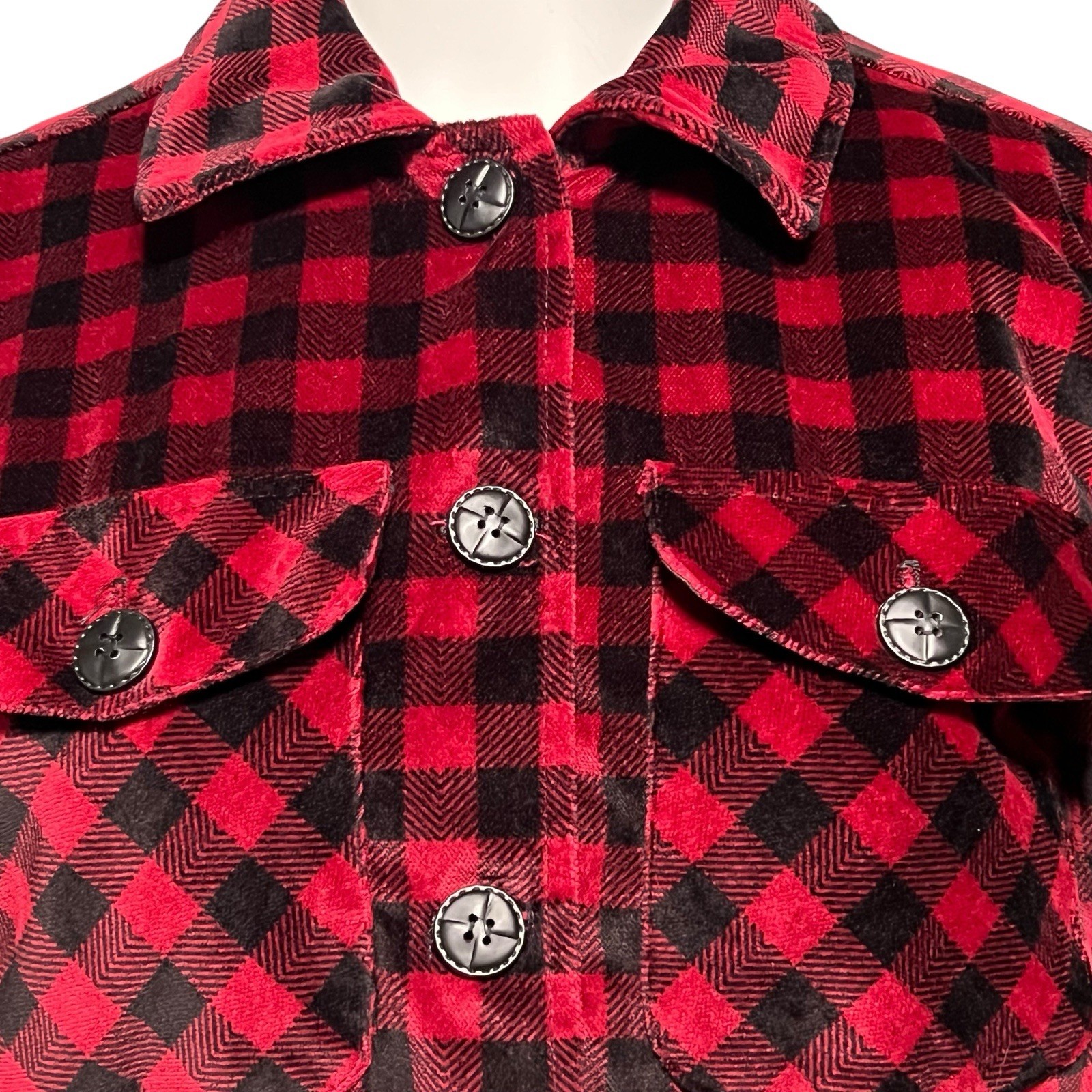 Vtg Bushwacker Cropped Velour Jacket Womens S Red Black Check Plaid USA Made
