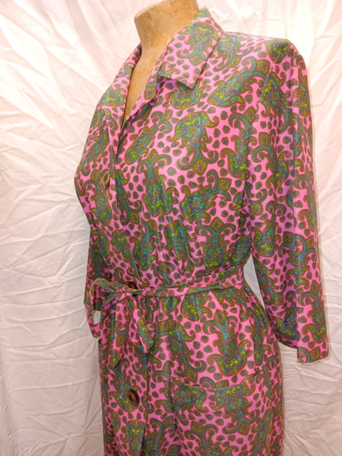 60s Pink Dark Green Blue Paisley Jersey Nylon Button Front Dress by Solida M/L