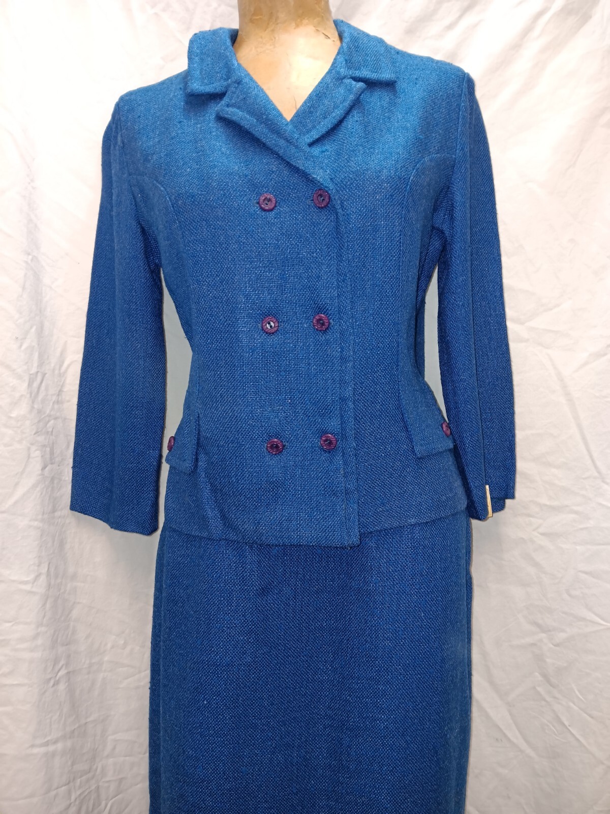Vintage 1960’s Blue Rayon Knit Skirt Suit by Lampl Size Small 12 NWT