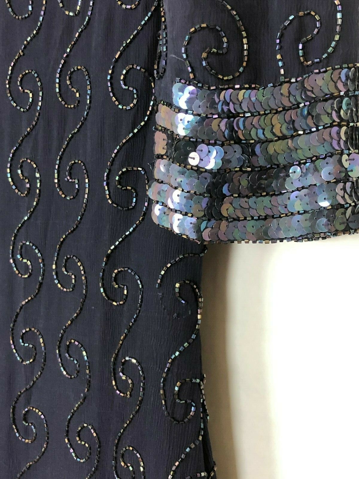 Vtg 80s Sequin Beaded Silk Dress M Glam Goth Dark Cocktail Sparkle Deco