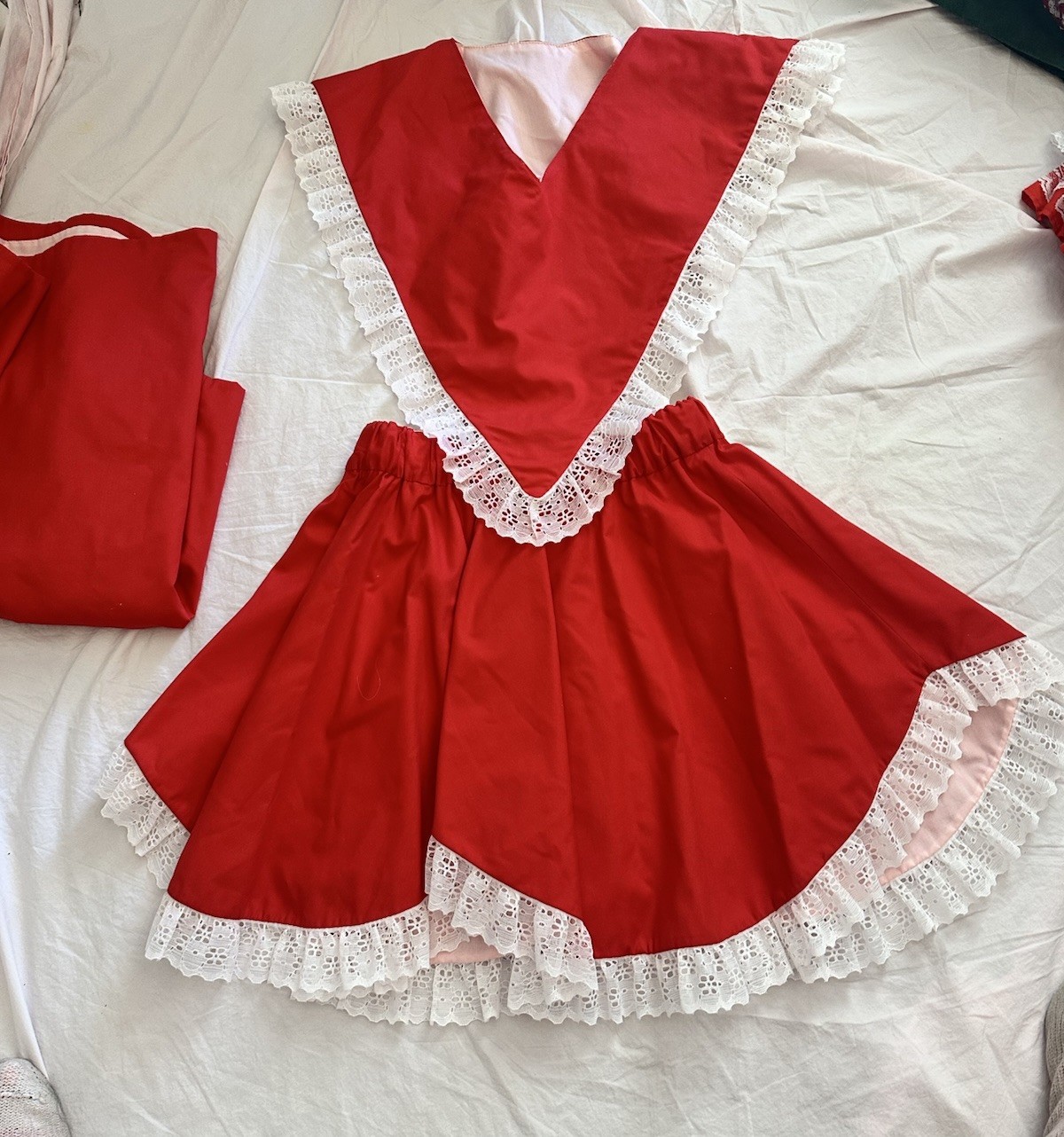 Vintage 4 pcs Red Lace Square Dance Outfit Skirt Vest Male Partners Tie