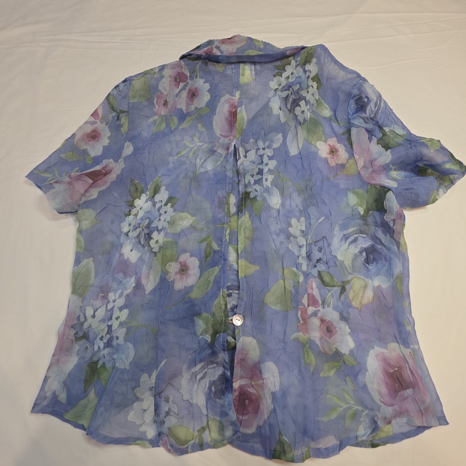 Miss Dorby Vtg Size 14 Floral Crinkle Button Up Fly Away Blouse Periwinkle Fairy
